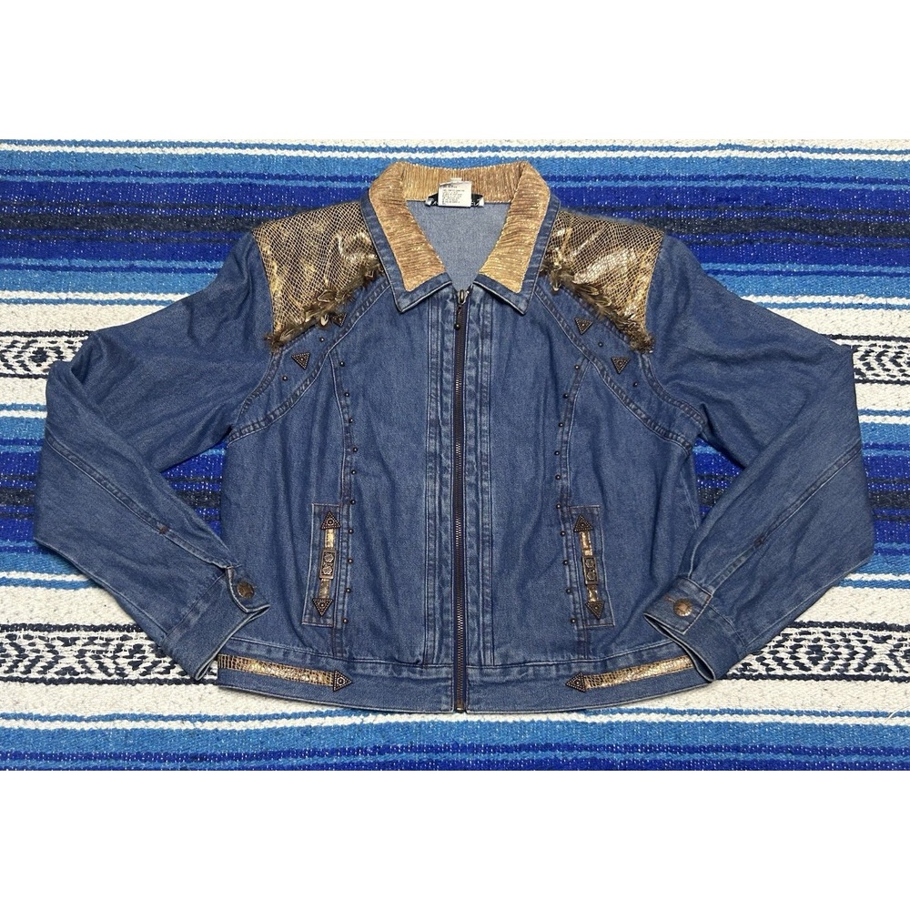 Vintage Nancy Bolen City Girl Denim Jacket Size 10 Gold Western Feather Made USA